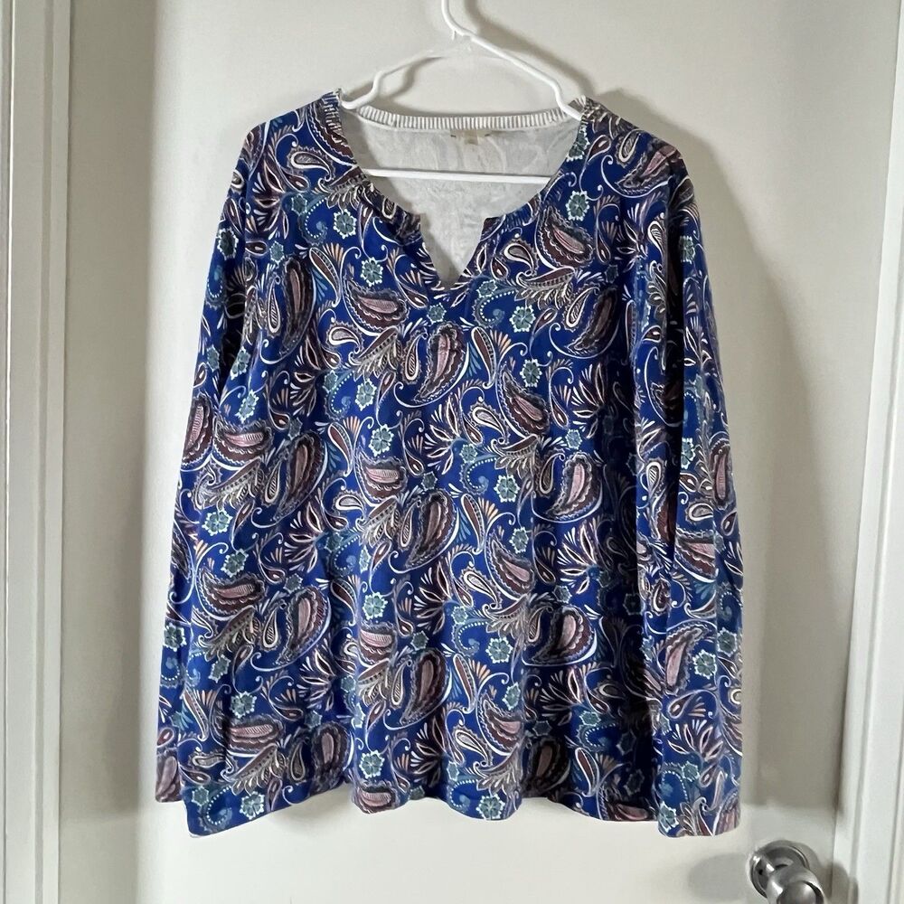 Talbots Blue Paisley Print Knit Long Sleeve V Neck Sweater Womans Plus Size 2X